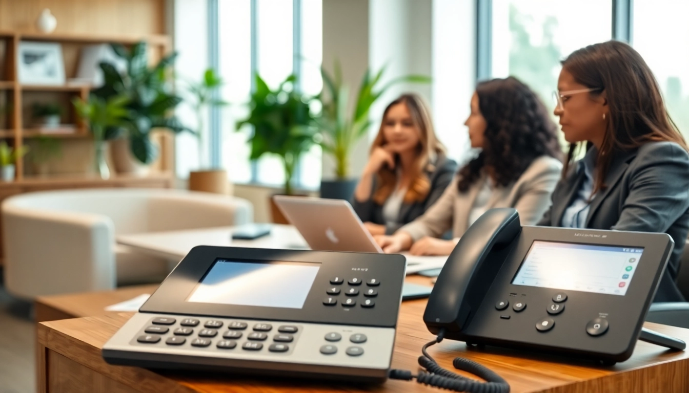 Engaged team discussing options with business phone providers in a modern office setting.