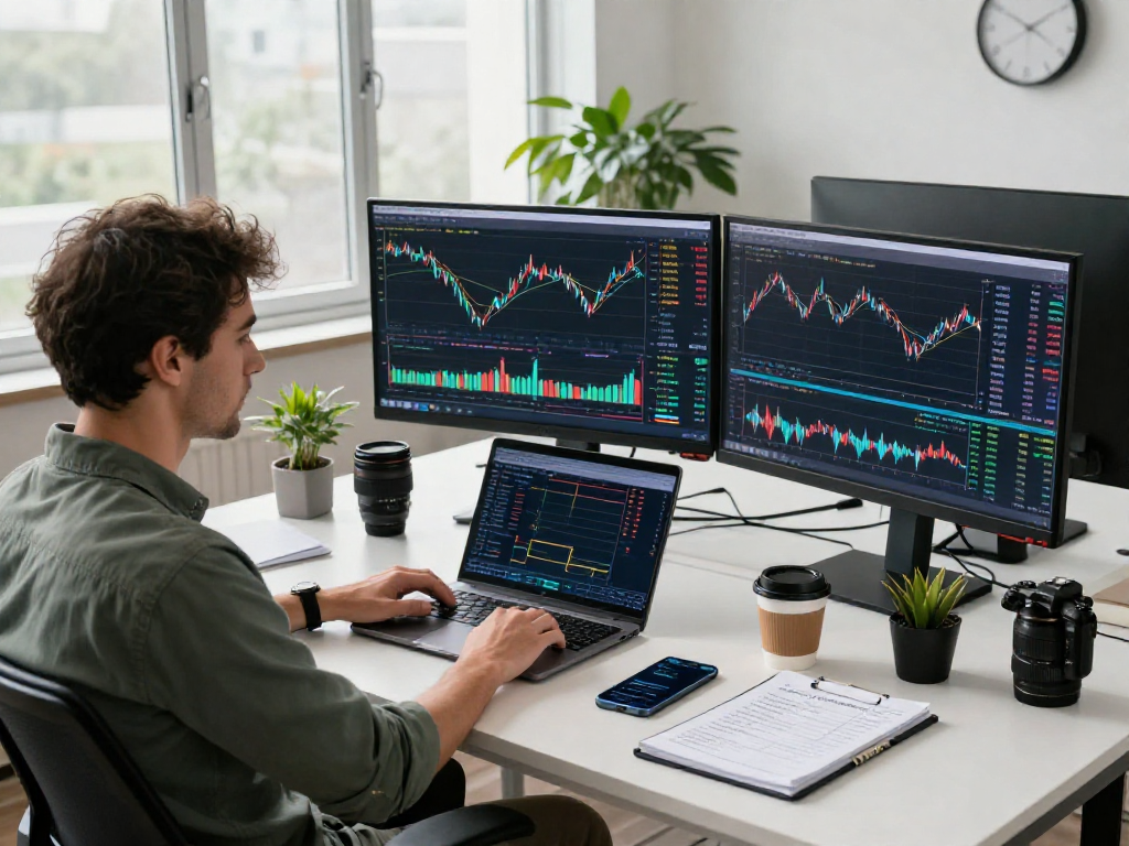Trader using TradingView on multiple screens in a modern workspace for analysis.