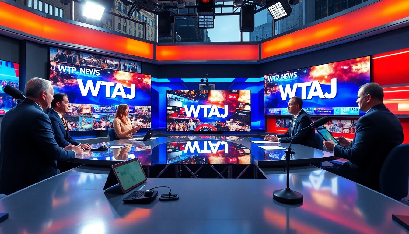 WTAJ news studio featuring dynamic newscasters with vibrant graphics and modern equipment.