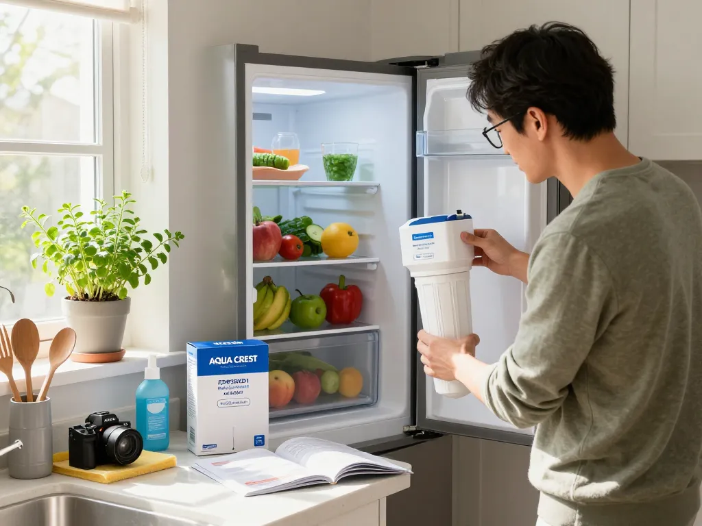 AQUA CREST EDR3RXD1 Replacement for 4396841, Everydrop® Filter 3 being installed in a modern kitchen, highlighting clean water initiatives.