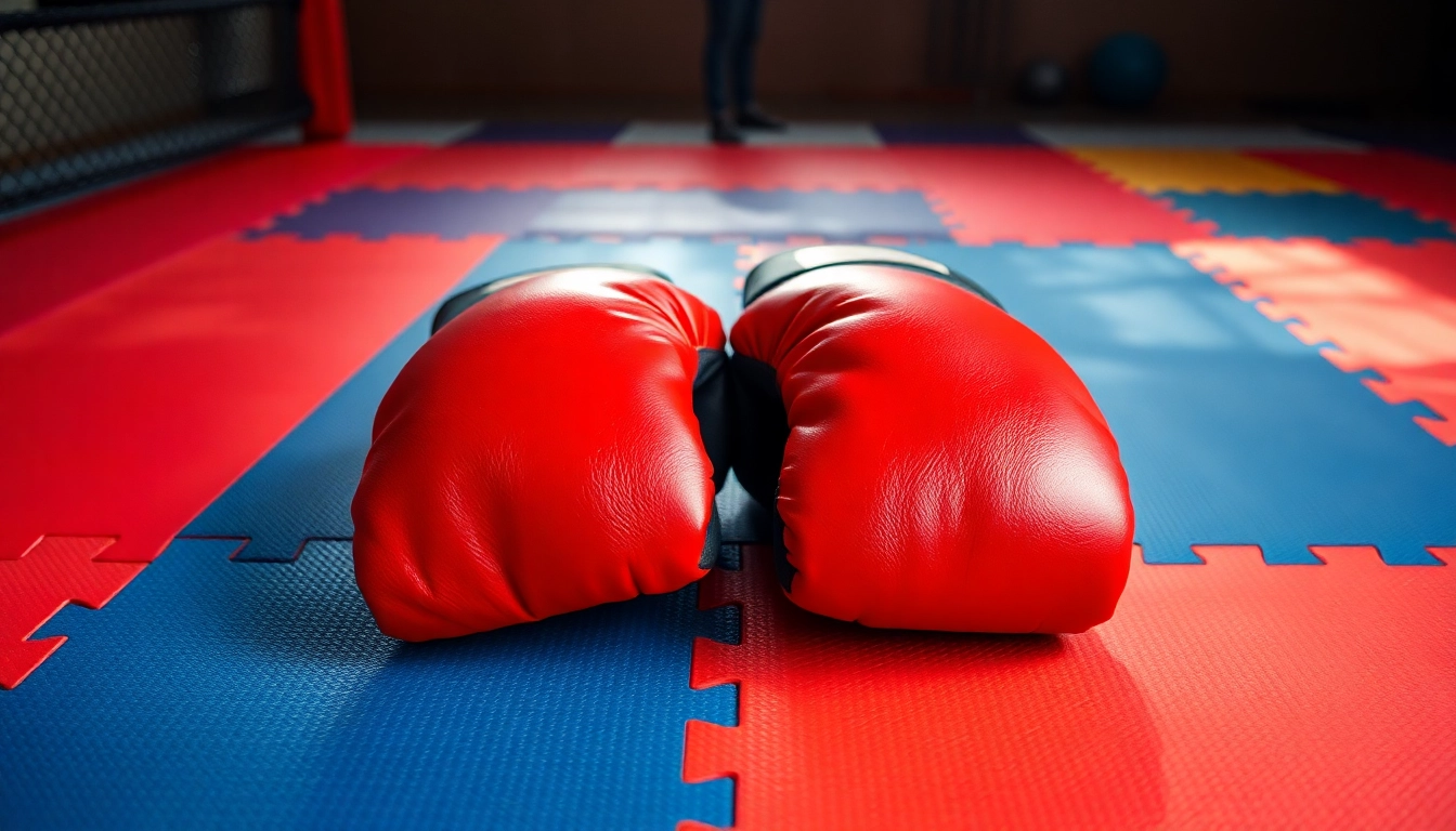 MMA gloves showcased on a training mat, highlighting their design and quality.