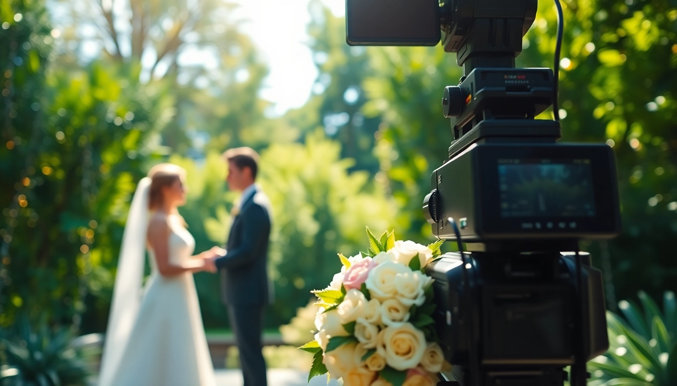 Videographer capturing emotional wedding moment in a sunlit garden with lush greenery.