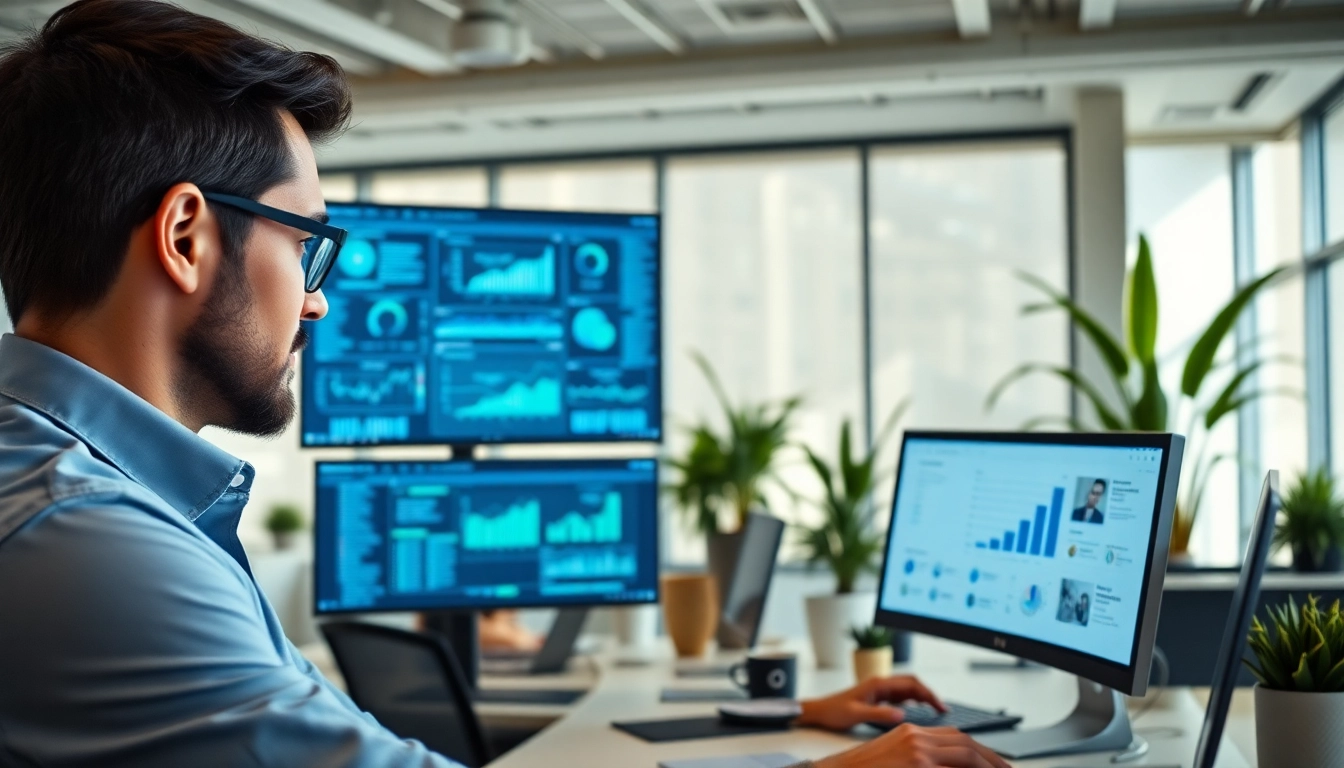 Showcasing enterprise search platforms in a modern office with data analysis in action.