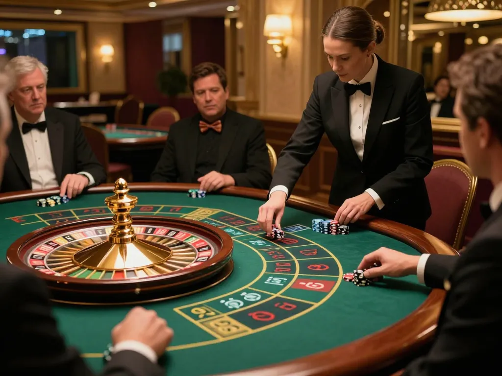 Players at a roulette table in a luxury casino, experiencing the thrill of Agen Casino Online.