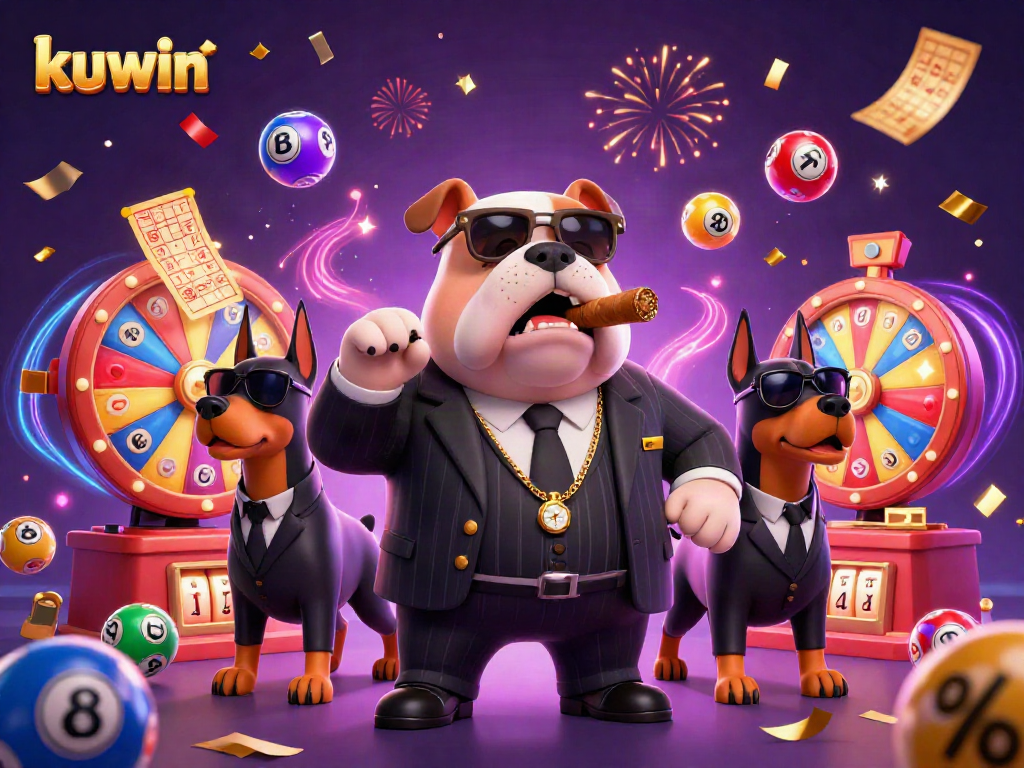 Kuwin's dynamic illustration showcases a mafia bulldog and Dobermans amidst vibrant lottery elements and casino excitement.