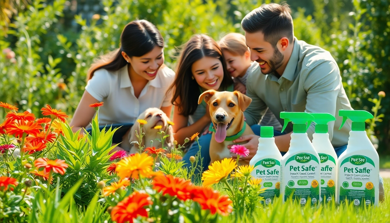 Promoting pet safe insect control in a vibrant garden with happy pets and family.
