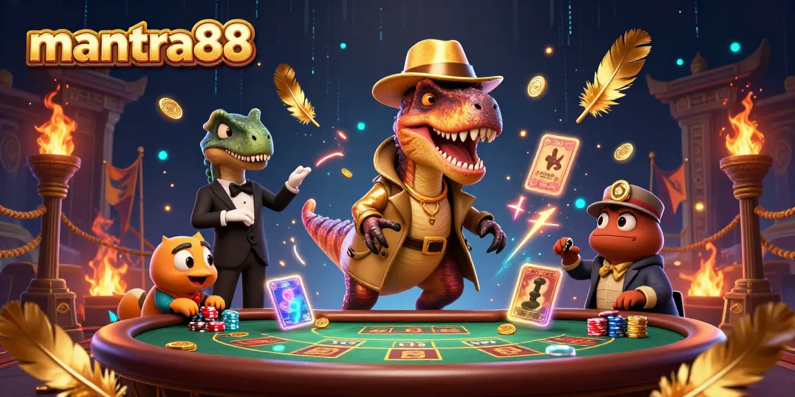 Experience thrilling gameplay at mantra88 with a velociraptor card counter at a dynamic casino scene.