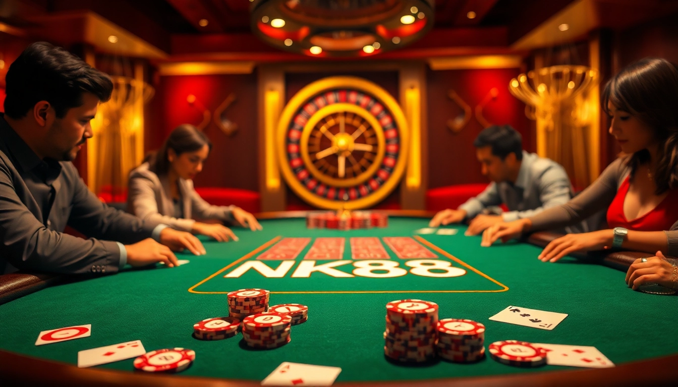 Engage in exciting poker gameplay at NK88, with vibrant chips and cards in a luxurious casino setting.