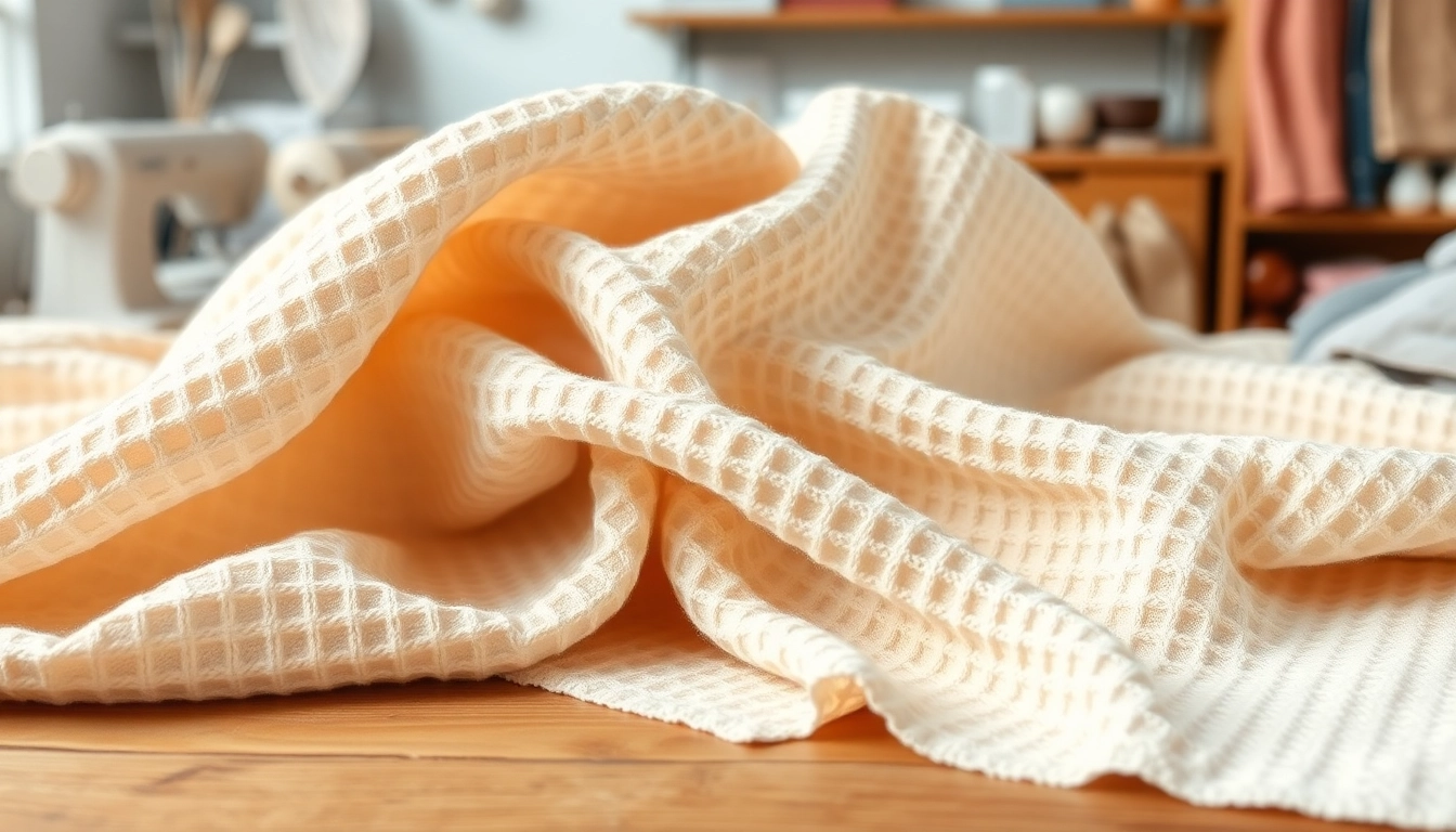 Wafel katoenen stof prachtig uitgestald, benadrukt de textuur en details.