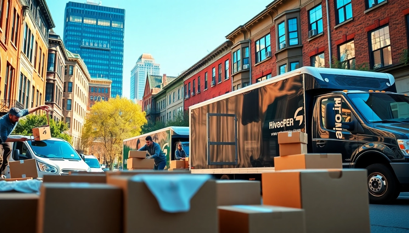Efficient boston local moves with professional movers managing boxes and equipment in Boston's vibrant streets.