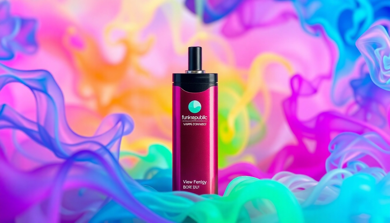 Showcase the funky republic vape device against a vibrant background of colorful smoke swirls.
