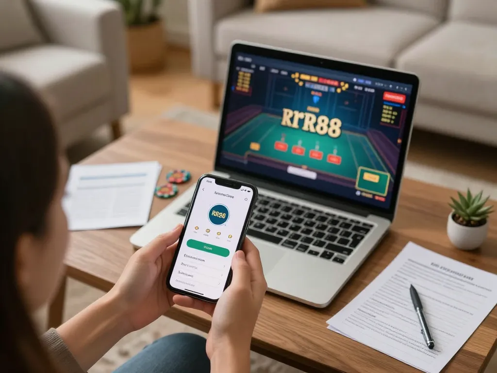Using the RR88 App for mobile gambling in a cozy home setup with strategic notes and a live dealer game.