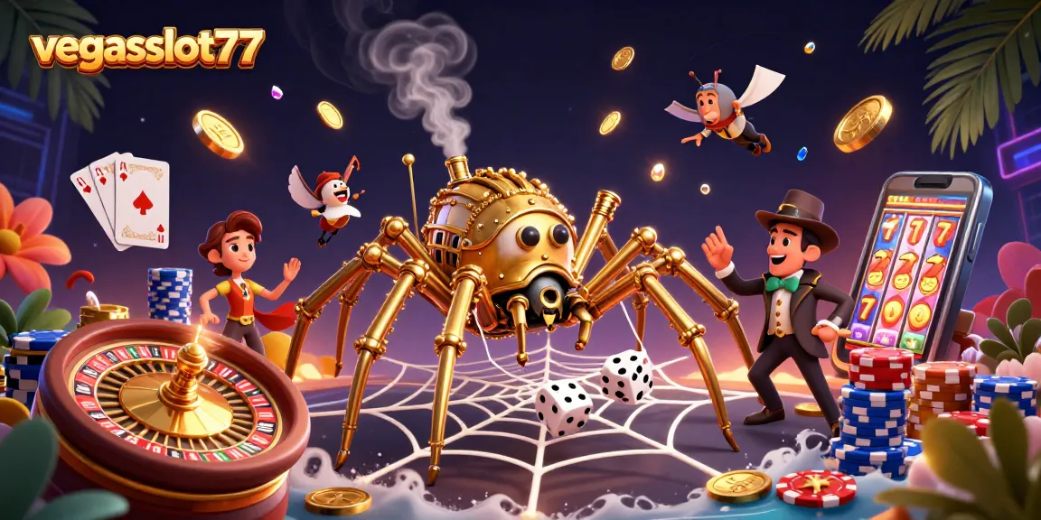 Spin to win exciting prizes at vegasslot77, featuring vibrant 3D slot and casino elements.