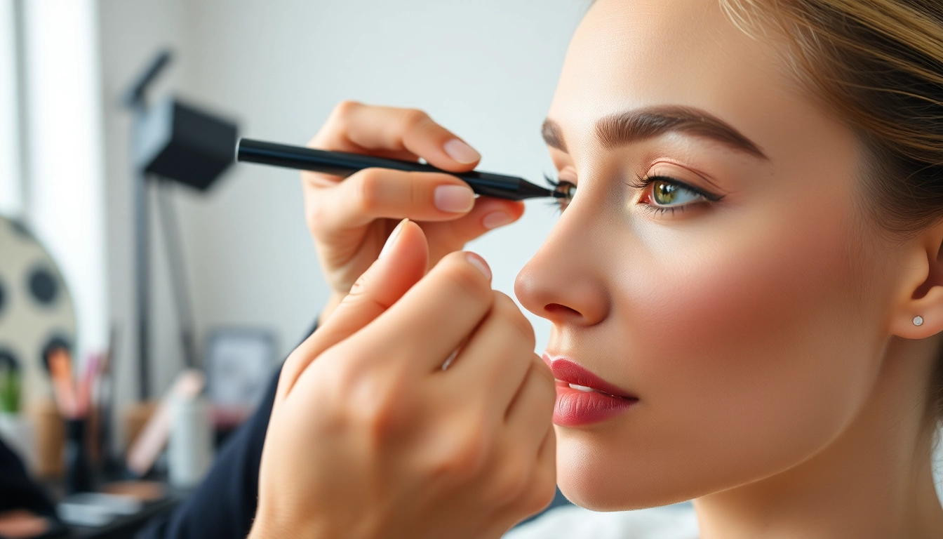 The artist applies an eyebrow pen for perfect brow definition in a bright studio.
