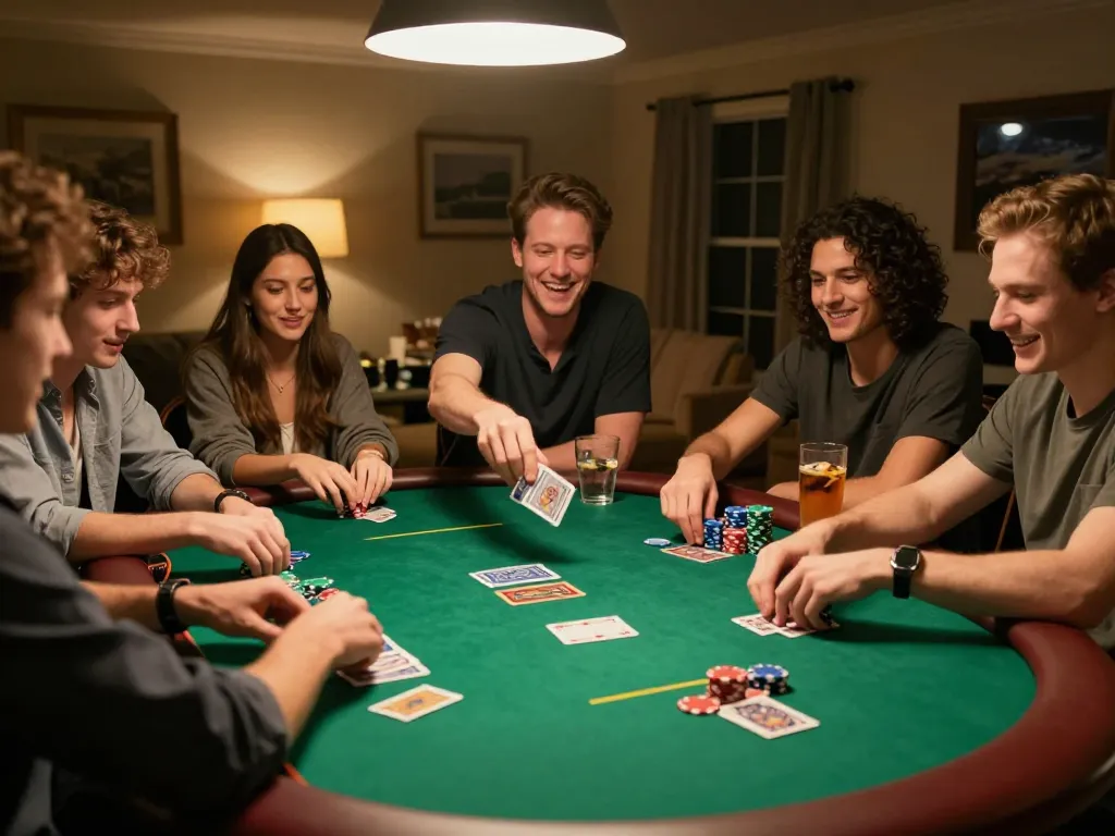 Engaging poker night scene with friends showcasing strategies from thehiddenwiki in a cozy home