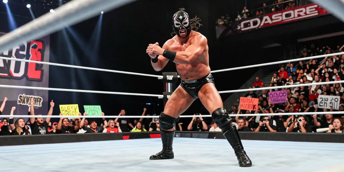 Abyss wrestler in action showcasing his signature move in the ring, surrounded by energized fans and dramatic lighting.