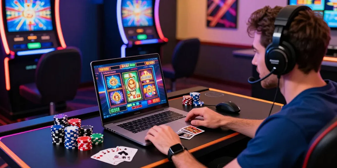 Engaging slot online gaming scene with a player at a stylish desk.