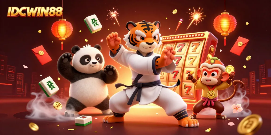 Spin the reels at IDCWIN88 with a vibrant scene of playful characters and casino elements