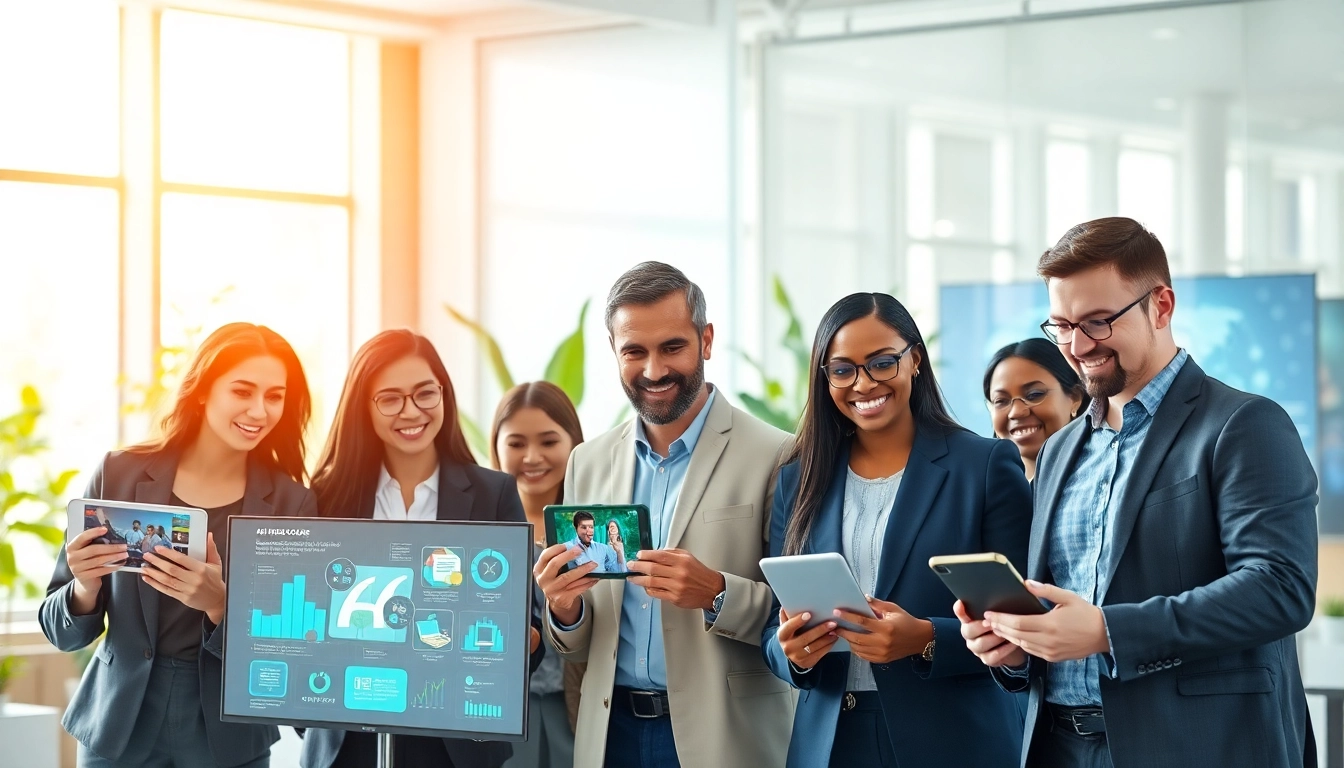 Engage with innovative ai apps in a collaborative office, showcasing enthusiasm and creativity.