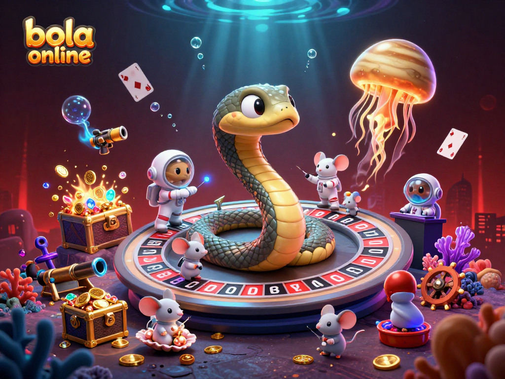 Experience bola online betting with astronaut mice and snake roulette in a vibrant cosmic scene.