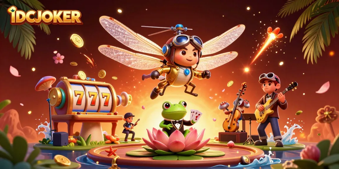 IDCJOKER engages players at a vibrant lily pad casino, featuring a unique dragonfly pilot and frog croupier.