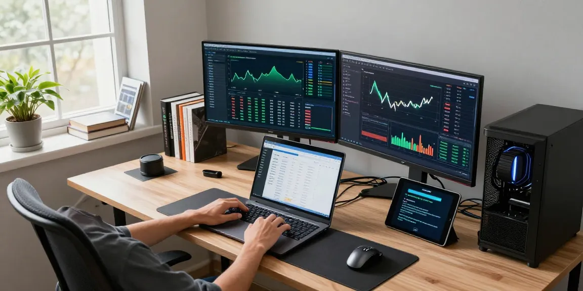 Mining crypto online in a professional workspace with monitors showing trading charts, digital wallet, and mining analytics.