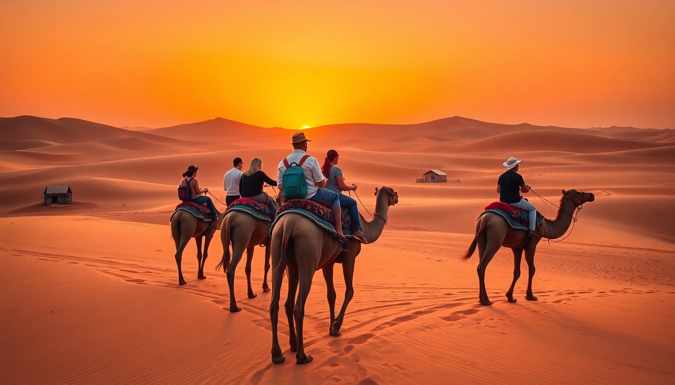 Marrakech camel ride and quad biking adventure through the stunning Agafay Desert at sunset, showcasing travelers on camels against a vivid sky.