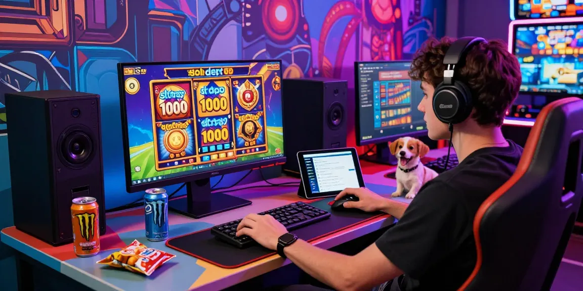 Exciting gaming scene of 'slot depo 1000' with player interacting with vibrant slot machines and gaming gear.