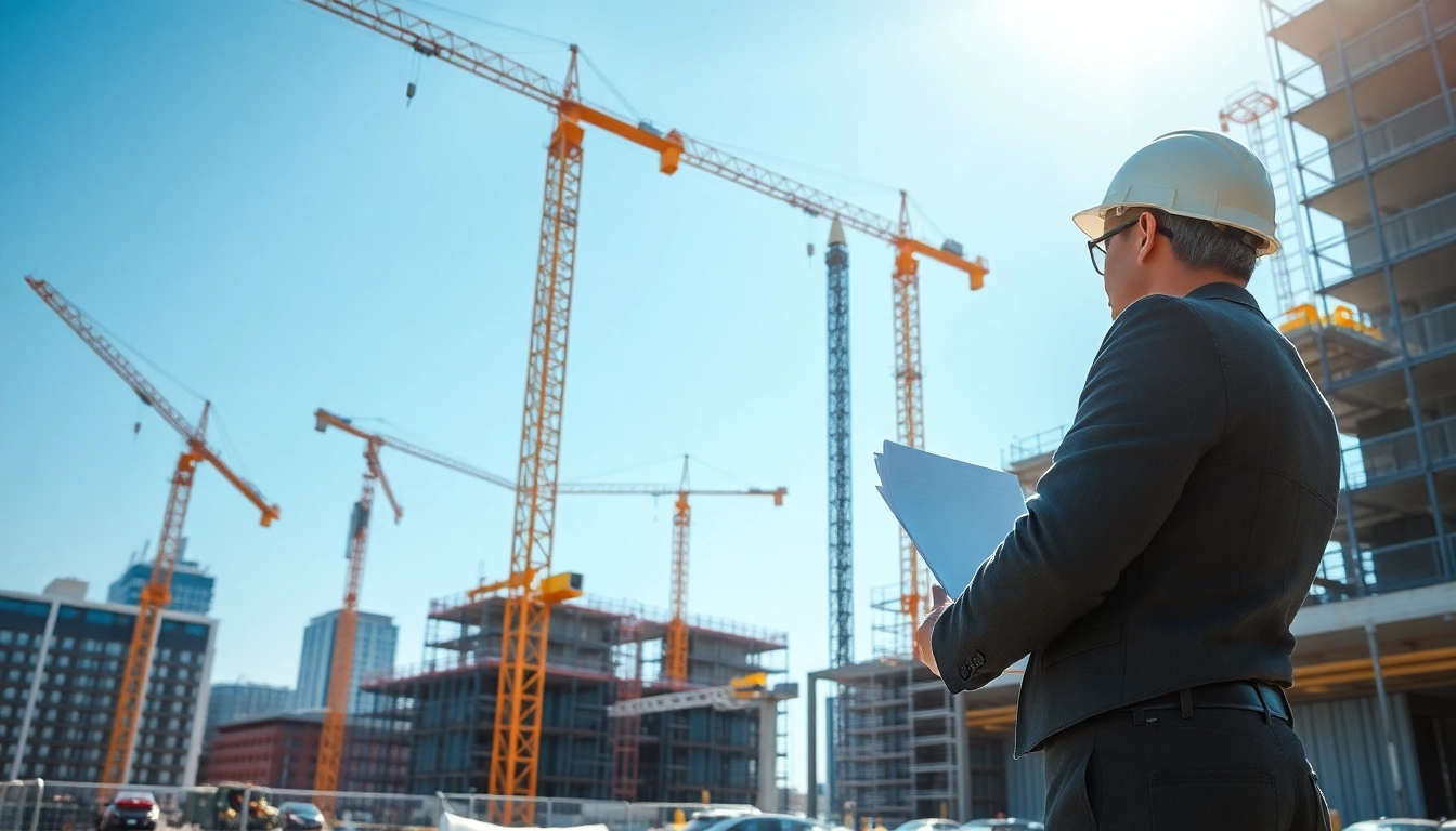 Building developer supervising an urban construction site with cranes, workers, and blueprints.