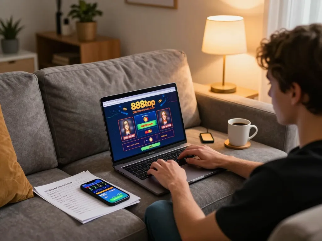 Engaging in online betting on 888top with a cozy home setup featuring a laptop and notes.