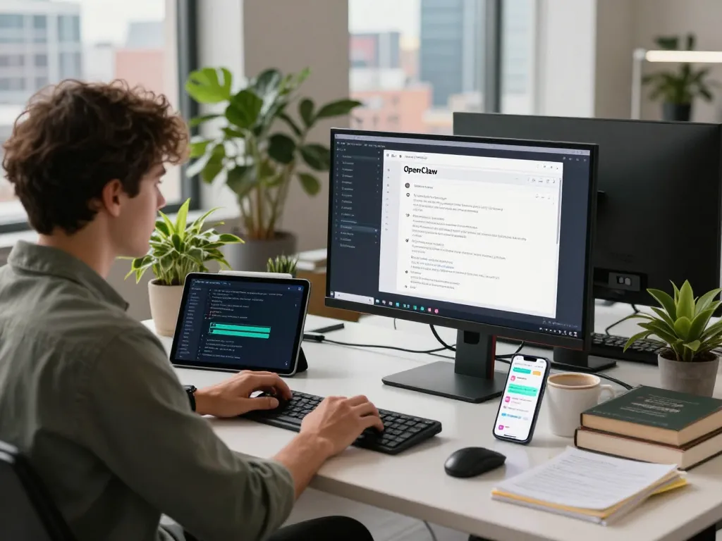 Developer engaging with OpenClaw AI interface in a modern tech workspace, showcasing productivity and innovation.