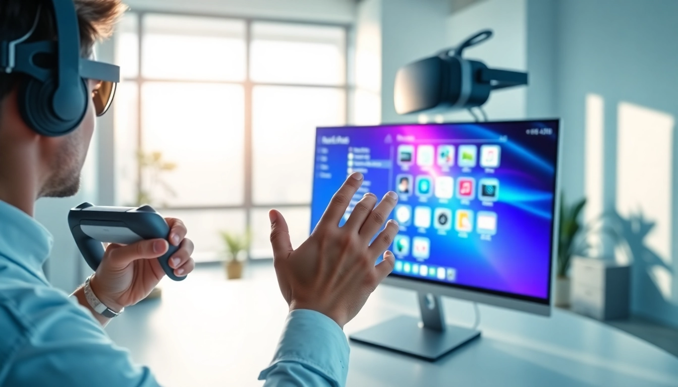 Engaged user interacting with a virtual desktop setup in a modern office environment.
