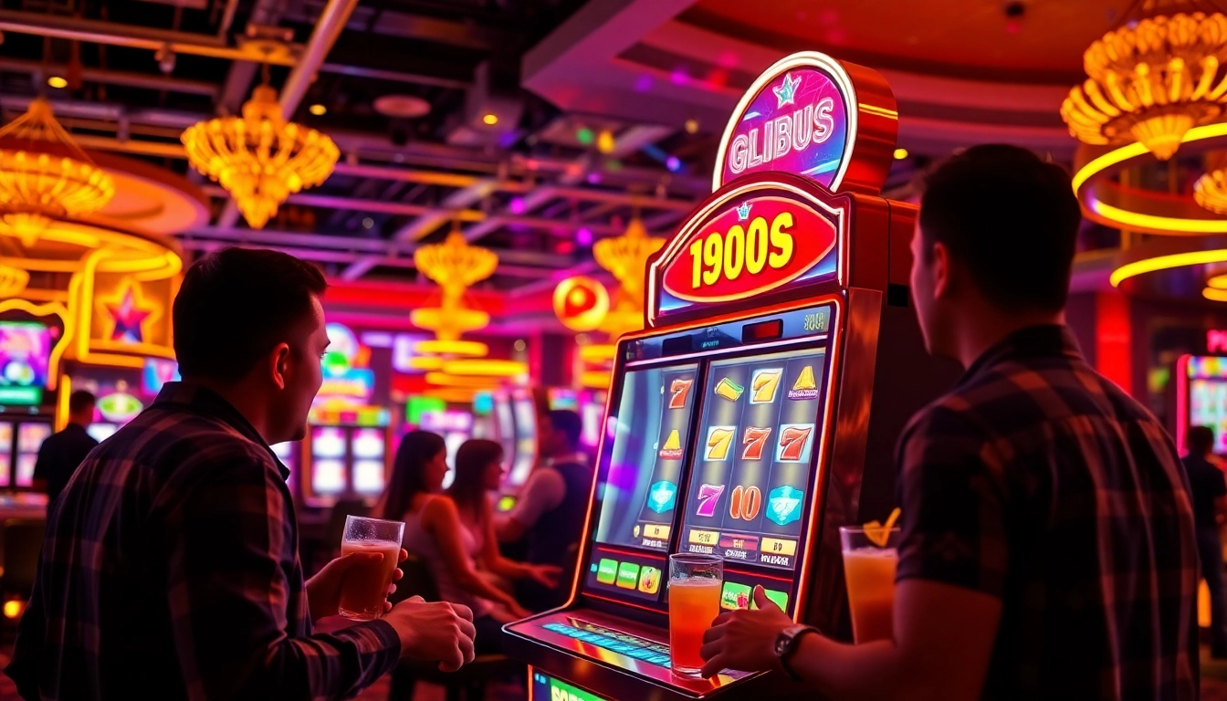 ผู้คนกำลังเล่น 918kiss slot ที่คาสิโนที่มีสีสันสดใสและบรรยากาศน่าตื่นเต้น