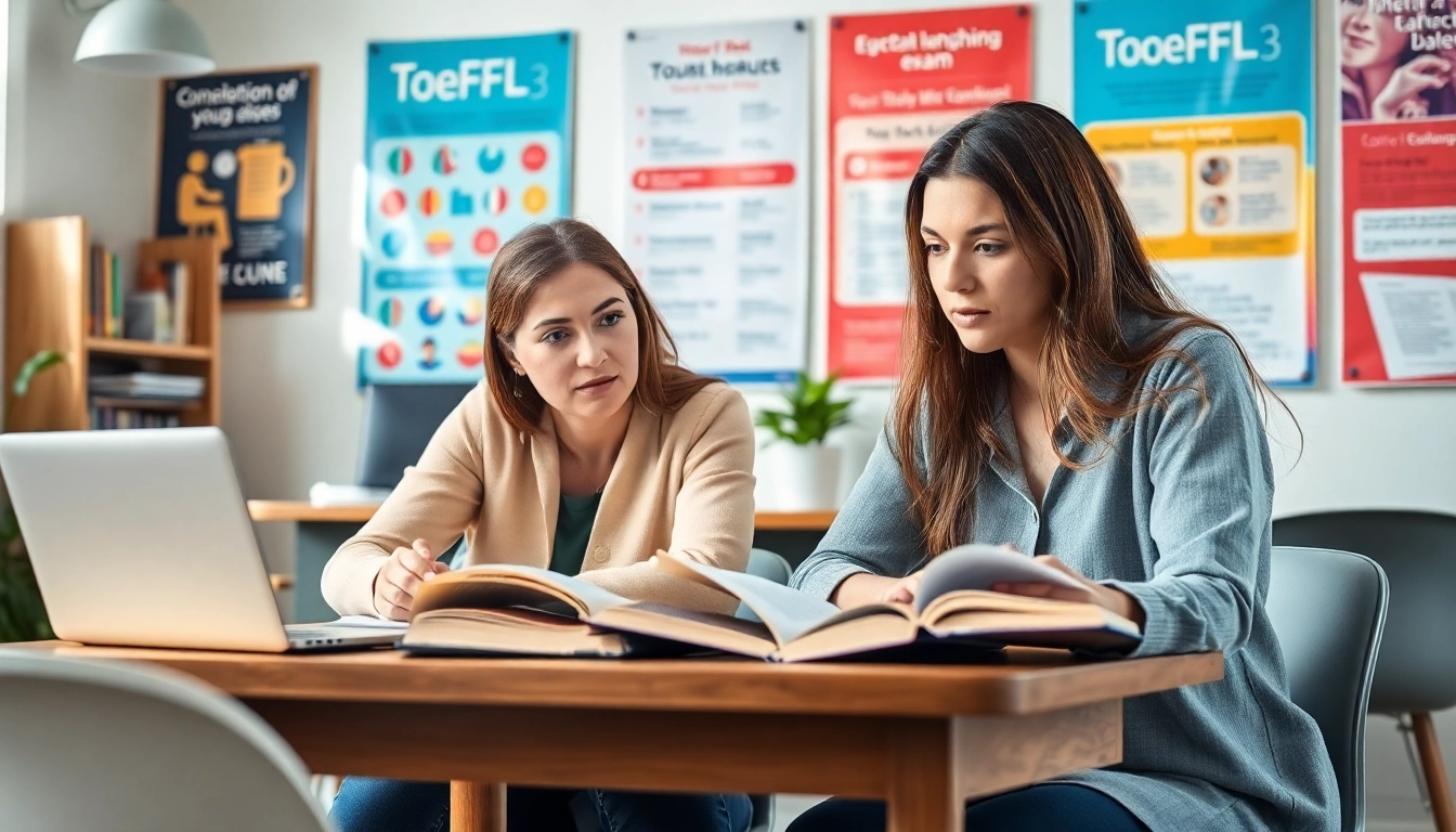 Engaged TOEFL test takers for hire collaborating in a modern study setting.