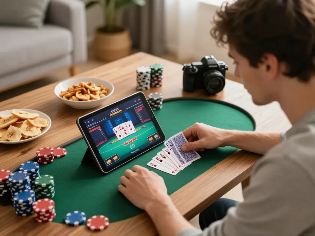 Player enjoying strategic online poker game on 388bet tablet in cozy home setting.