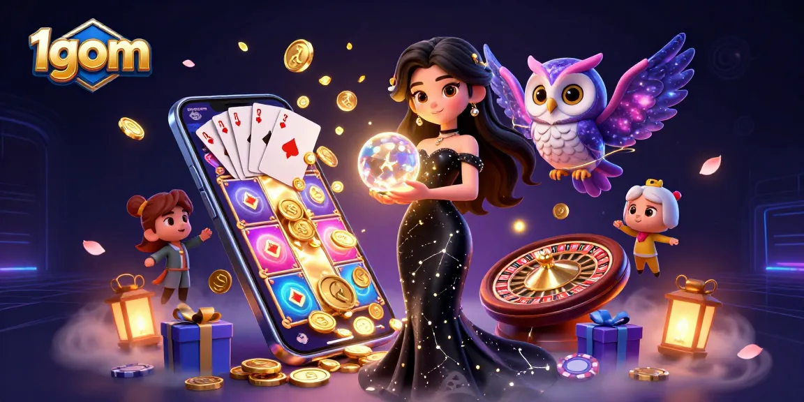 Engage with 1gom's thrilling gambling universe featuring a mystery woman, dynamic games, and gold accents.