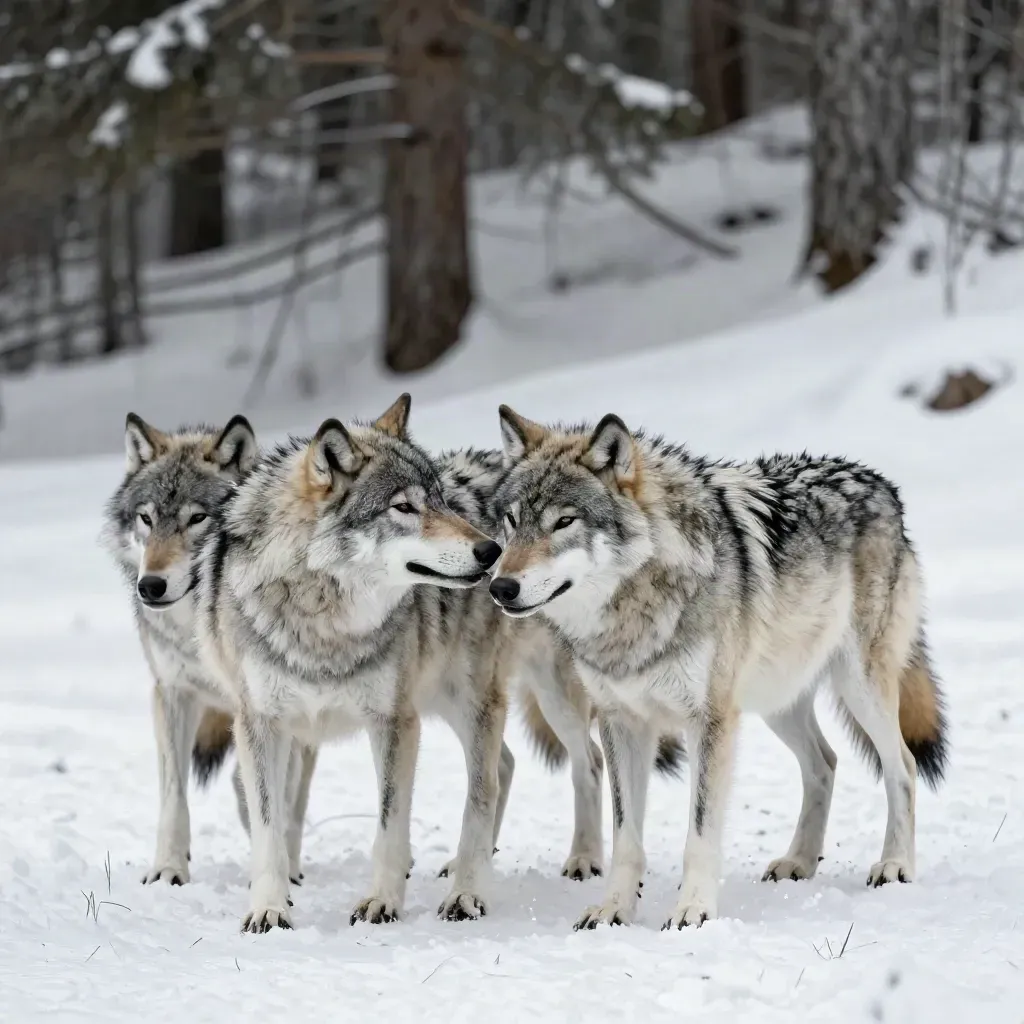 Three wolves on a snowy spruce shelf, one nosing a packmate as another turns to follow.