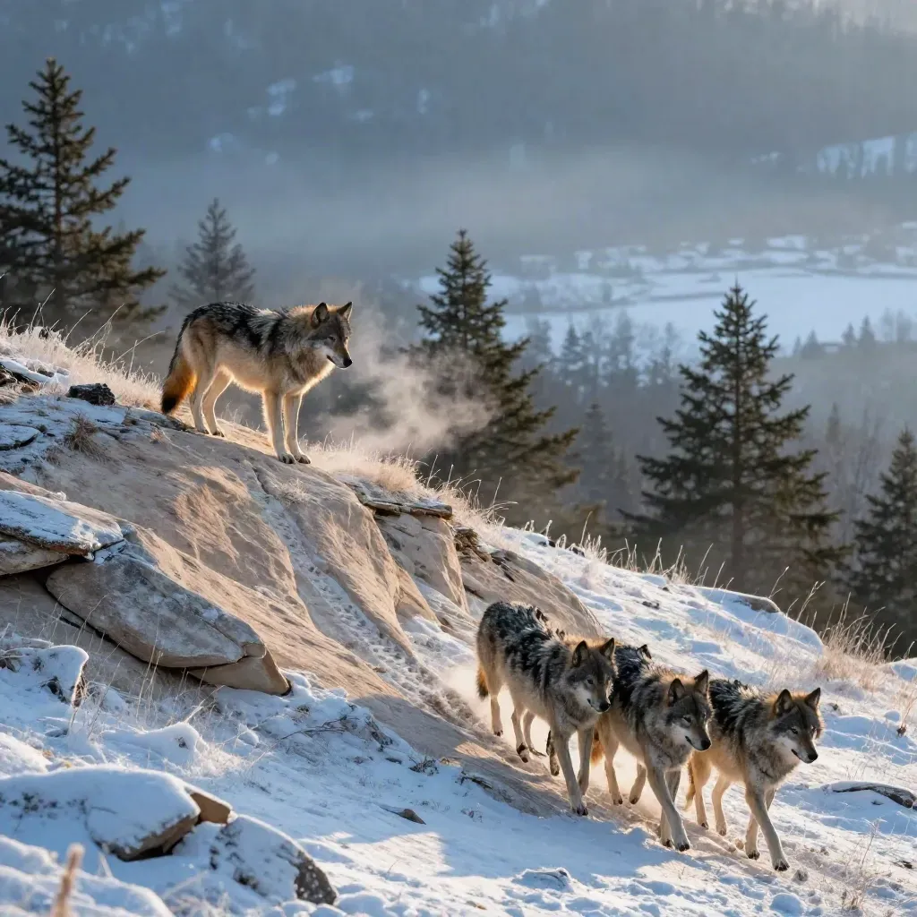 Gray wolf on a snowy sandstone ridge with three packmates and misty pines at dawn.