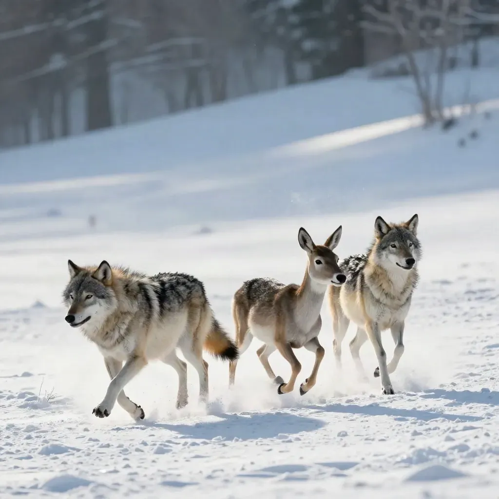 Two wolves chase an alert mule deer across a snowy meadow