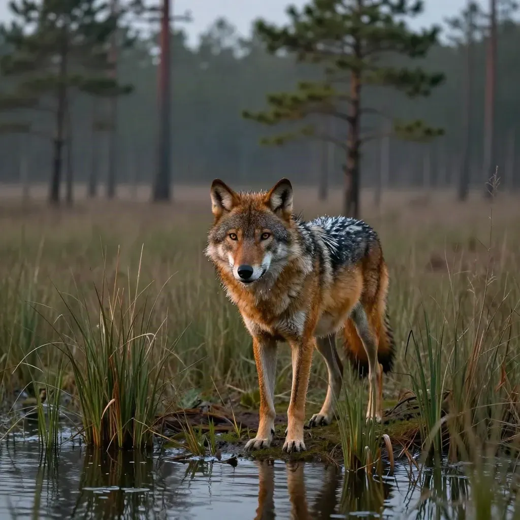 Red wolf stepping through reeds at dusk, turning toward the viewer in a pine flatwood wetland.