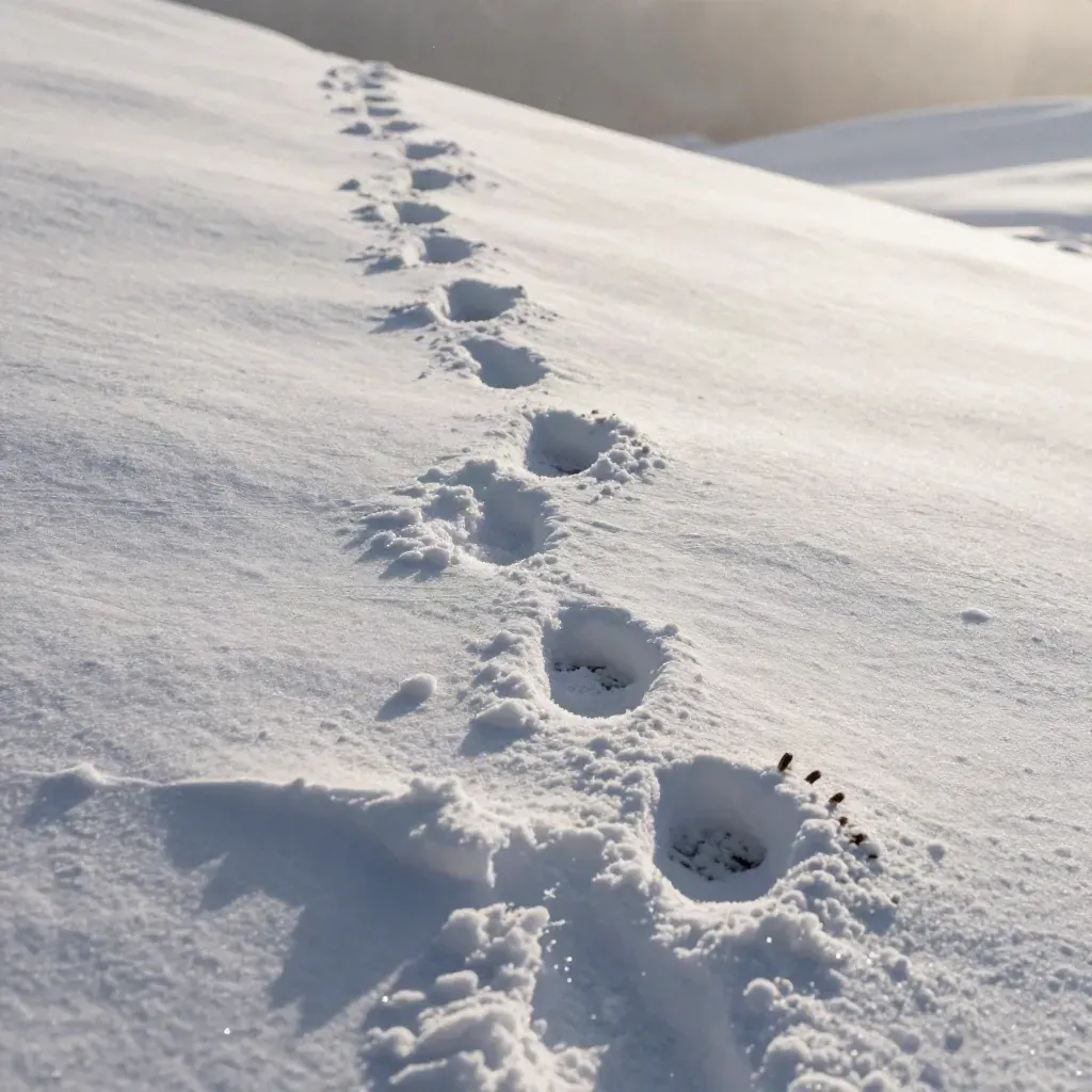Fresh wolf tracks in snow with a drag mark and pivot turn.