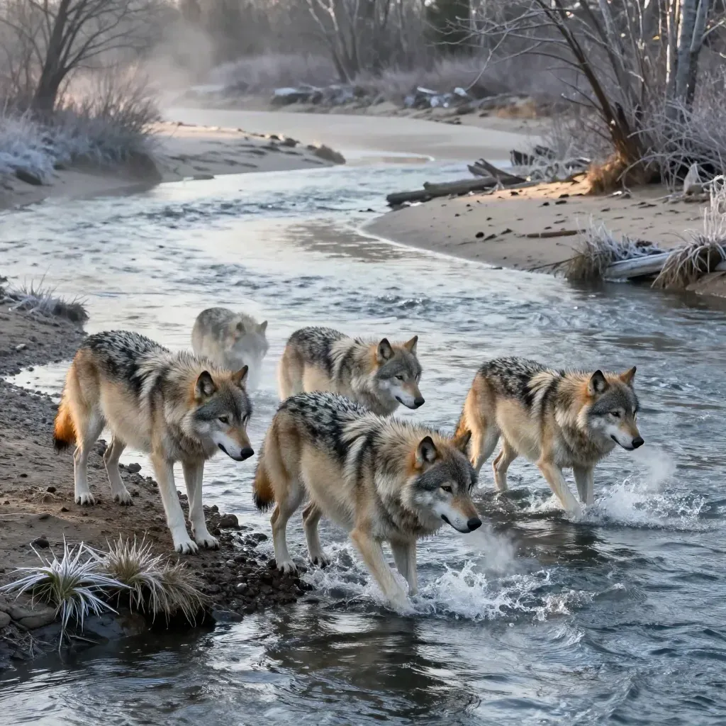 Four wolves cross the Lamar River at dawn, one stepping onto the far bank.