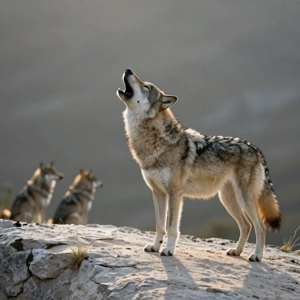 A wolf howls from a limestone ledge above two distant packmates in evening haze.
