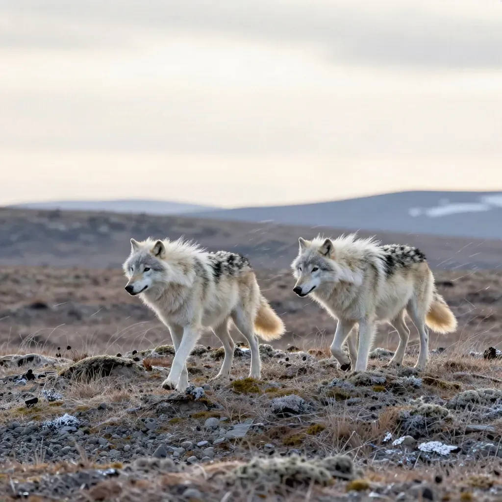 Two arctic wolves pace a windy tundra ridge above the tree line.