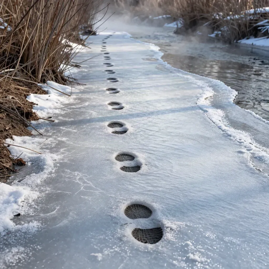 Fresh wolf tracks cross a frozen creek and turn into willow brush at dawn.