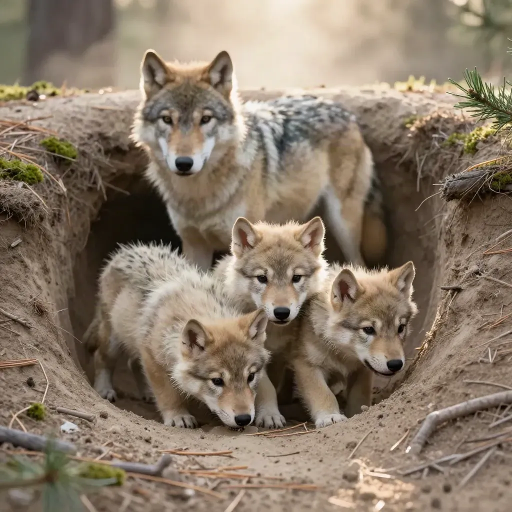 Three wolf pups at a den entrance with one adult nearby in warm dawn light
