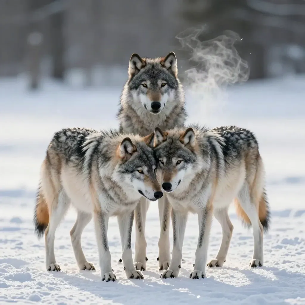 Two wolves shift rank on crusted snow, one looming, one lowered, breath in thin frost.