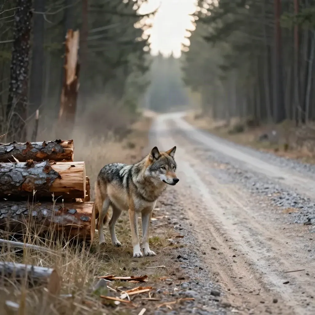 Wolf pausing by stacked logs at a cleared forest corridor and dust road.
