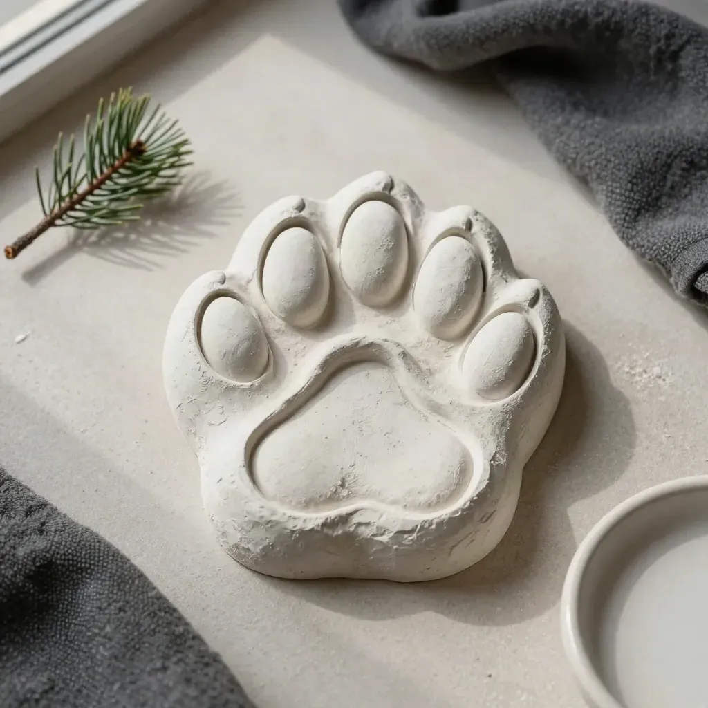 Overhead flatlay of a wolf paw print cast with twig, wool cloth, and ceramic dish.