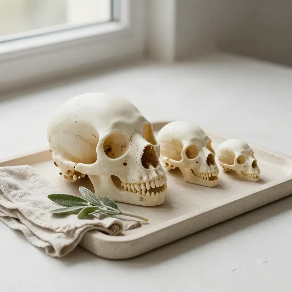 Three wolf skull casts on a stone tray with linen, sage, and limestone in soft light.